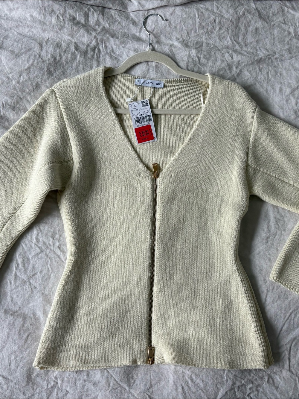 Mango Cream V-Neck Zip Knit Sweater